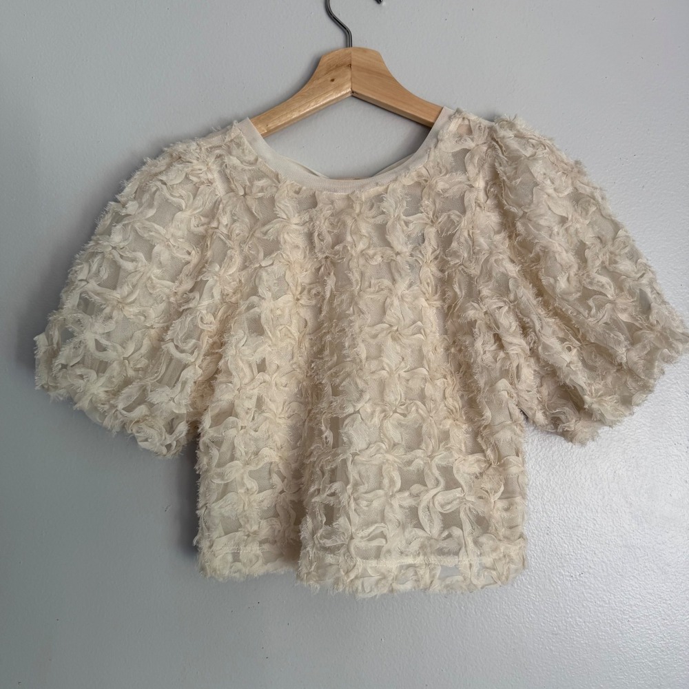 Sarah‎ Hann Anthropologie Cream Textured Sheer Mesh Puff Sleeve Top Blouse XSP